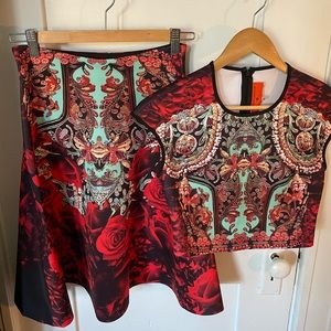 CUTE 2-piece crop top and fit flare skirt set. Neoprene with red roses!